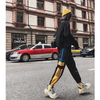 2019 Hip Hop Veľké Vrecko Čierna Cargo Nohavice Streetwear Elastické Nohavice Nohavice Bežné ženské Hárem Nohavice Čierne Nohavice pre Ženy