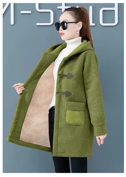 Baránok cashmere Kabát žena jeseň zima cardigan nové zahusťovanie plus velvet strednej dĺžky, široké kapucňou horn ústach teplý kabát D263