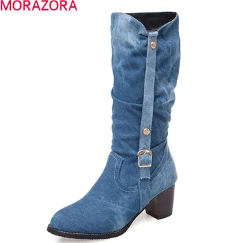 MORAZORA 2020 nový príchod ženy polovici teľa topánky denim pracky vysoké podpätky jeseň zimné topánky ženy ležérne topánky veľká veľkosť 48