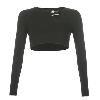 Základné Black Goth Ženy Krátke-dĺžka T-shirt 2020 Bežné Pohode Pin Brošňa Duté Sa Dlho puzdre Tričko Módy Sexy Športu Top
