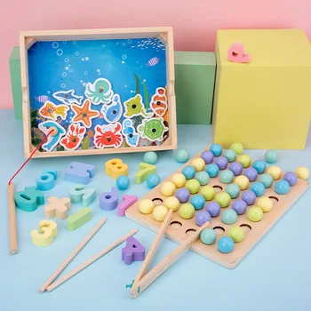 3-v-1 Deti, Drevené Montessori materiál obrazová Skladačka listov Hračka Počítať Aritmetický Magnetické Rybárske Hry Vzdelávacie Hračka