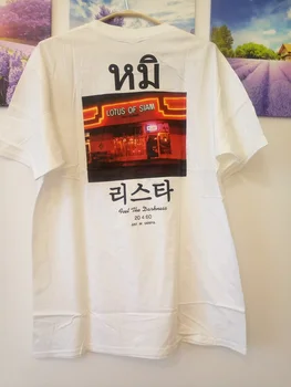 Kórea Japonský letné bavlnené trička, topy Len si dajte pozor Lotus SIAM slová olejomaľba Hip Hop streetwear Grafické T-Shirt