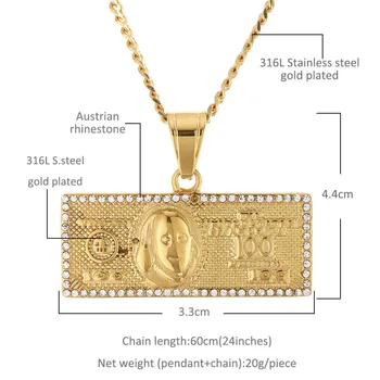 Jeden Miliónov dolárov, Prívesky, Náhrdelníky Mužov Micro Pave Drahokamu Námestie bankoviek kúzlo Zlatá farba reťazca Pre ženy Šperky