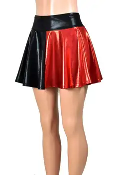 X154 Nočný Klub Klesol Black Red PU Patchwork Korčuľovanie Sukne Dievča Krátke Sukne Faux Kožené Ženy Clubwear A-Line Mini Sukne