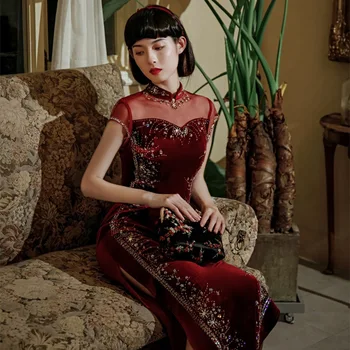 Nadrozmerná 3XL Velúrové Lištovanie Cheongsam Moderné Dlhé Ženské Čínsky Štýl Šortky Rukáv Qipao Elegantné Tradičné Oblečenie Šaty