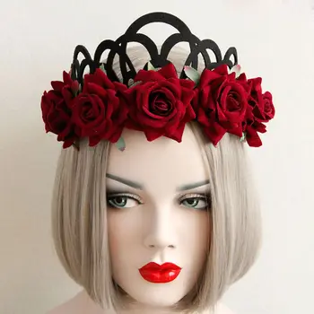Nové Červené Ruže Kvet Dievča Hairbands Kráľovná Koruny Tiara Headwreath Gotický Punk Čelenky Žena, Party Doplnky Do Vlasov