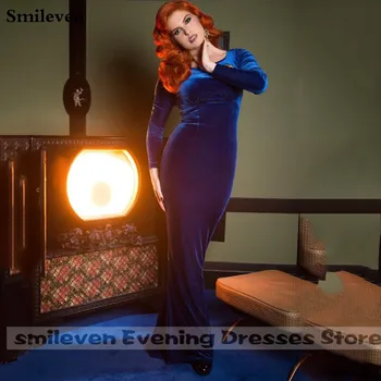 Smileven Blue Velvet Canftan Morská Víla Večerné Šaty Lacné Cut-Out Sweep Vlak Prom Šaty Jednoduché Ženy Party Šaty