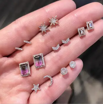 GTQ Klasické Náušnice Nastaviť 7 Párov/Set Trendy Moon Star Crystal Stud Náušnice Pre Ženy 2019 Módne Brincos Šperky Milenca Dary