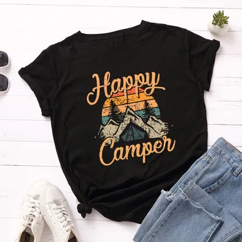 Móda Veľkosť Šťastný Campen Písmeno T-shirt Ženy Lete Tlačiť Základné Grafické Tees Tričko Bežné Harajuku Dovolenku Bavlna Topy