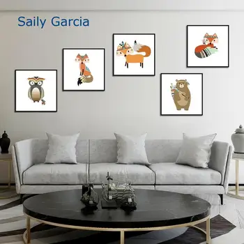 Cartoon Zvierat Líška, Medveď, Sova Roztomilý Krásne Plátno Maľby Nástenné Art Biele Pozadie pre život, Spálne, detskej Izby