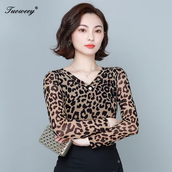 Ženy Leopard Kvetinový Tlač tvaru Topy 2020 Jeseň Dlhý Rukáv Slim Basic Tričko Lady Party Fashion kórejský Topy Ženské Nové