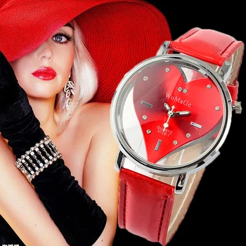Ženy WoMaGe Značky Sledovať Červené Srdce Dizajn Hodinky Módne Kože Náramkové hodinky Ženský prúd Relojes relogio feminino montre femme