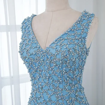 Modrá V Krku Korálkové Večerné Šaty Elegantné Morská Víla Dlho Formálne Party Šaty Pre Ženy Volánikmi