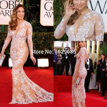 Jennifer Lopez Dlhé Večerné Šaty Tylu Appliqued Dlhý Rukáv Sexy Morská panna Súd Vlak Formálne Večerné Šaty Župan de Soiree