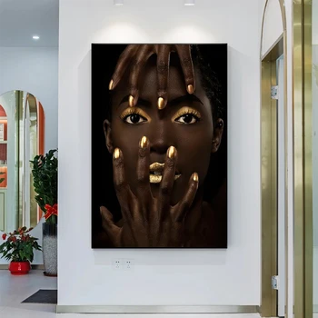 Čierny Dievča Plátno na Maľovanie Africká Žena Zlatom Sexy Pery Plagát a Tlač Wall Art Obraz pre Steny v Obývacej Izbe Dekor Cuadro
