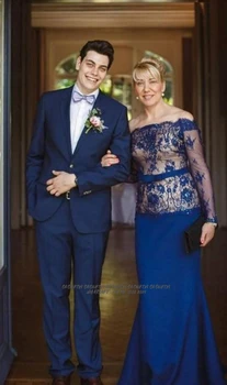Matka Nevesty Šaty pre Svadobné 2020 Morská víla Kráľovská Modrá Ramena Ilúzie Dlhé Rukávy Bateau Dlho Formálne Ženy