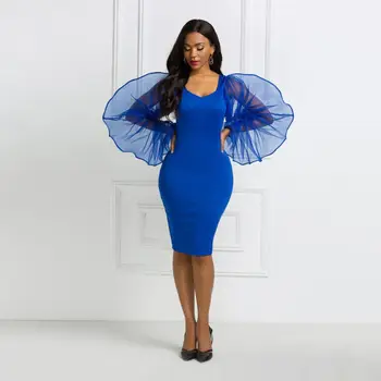 Kráľovská Modrá Dlhá Ilúzia Rukávy Koleno Dĺžke Koktejlové Šaty V Krku Formálnej Strany Šaty Ženy Plus Veľkosť Šaty YSAN479