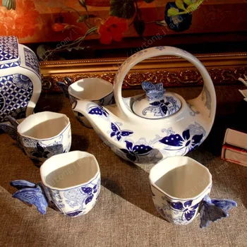 Svadobné dekorácie Kung Fu Teaware Nastaviť Jingdezhen Modré a Biele Porcelánové Motýľ, Láska štvorčlennej Nastaviť