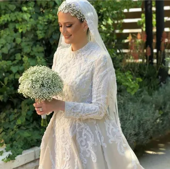 Luxusné Moslimských Svadobné Šaty S Overskirts 2020 Dlhý Rukáv Appliques Čipky Arabčina Dubaj Svadobné Šaty Svadobné Šaty Princezná
