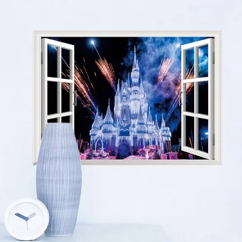 Disney 3Dview okna starého Hradu ohňostroj domov nálepky na stenu-nálepky pre deti izby, spálne, Doplnky, nástenné plagát