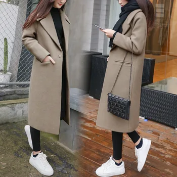 2021 nové hrubé voľné strednej dĺžky vlnené kabát ženy nad kolená kórejský štýl cocoon vlnené kabát