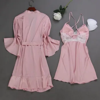 2 KS Satin Sleepwear Lady Čipky Patchwork Kimono Župan Šaty Nightgown Bežné Nevesta Bridesmaid, Svadobný Dar Nighty&Župan Oblek