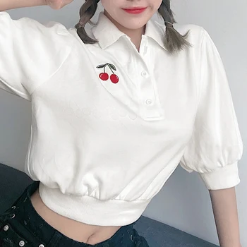 Kórejský dámskej Módy Cherry Výšivka Biela T-Shirt Top Sexy Krátky Top Výšivky Slim Fitness Žien Top