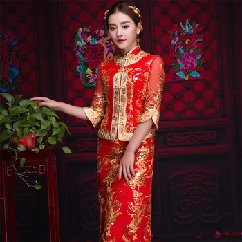 Orientálna Ázijské Nevesta krásy Čínske tradičné Svadobné Šaty Žien Červené Kvetované Dlhý Rukáv Výšivky Cheongsam Župan Qipao štýl