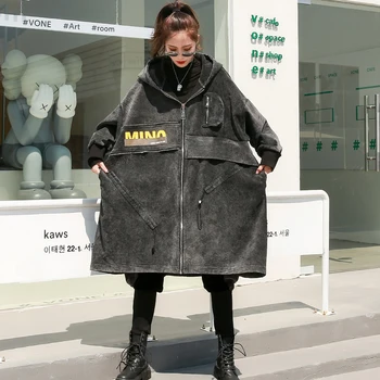 Európska stanica plus veľkosť bunda ženy jeseň/zima voľné strednej dĺžky módne kapucňou a velvet windbreaker ženy
