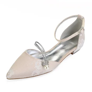Creativesugar elegantné crystal pearl popruh ukázal prst lady ploché čipky topánky svadobné svadobné prom koktejlové šaty bytov slonová kosť strieborná