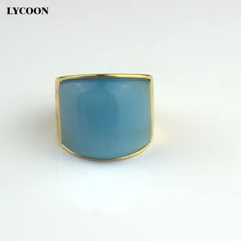 LYCOON najnovší luxusný sky blue opál šperky krúžok pre ženy, nerezová oceľ platňa zlata-farebná krúžky roztomilý strany krúžky