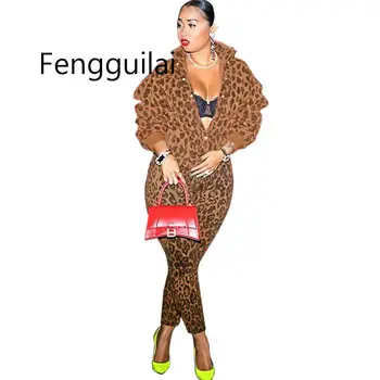 FENGGUILAI Leopard Plyšové Hrubé 2 Dielna Sada Ženy Oblečenie s Dlhým Rukávom Top A Nohavice Pot Vyhovuje Kus Dvoch Sád Spadajú Zimné Oblečenie