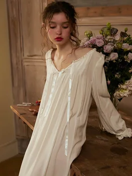 Sladké Biele Bavlnené dámske Nightgowns Mäkké Voľné Viskóza Sleepshirts Elegantný Retro Princezná Čela Dlhé Nočné Šaty Plus Veľkosť