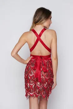 2019 Lete Nové Lemovaný Sequin Sexy Bodycon Šaty Späť Kríž Duté Z priesvitných Šatách Hlboké V-neck Červené, Modré, Čierne Šaty
