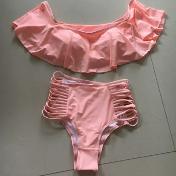 KEKAKA Baby Pink Mimo Ramenný Flounce Bikini 2019 Vintage Prehrabať Plavky Čalúnená Rozstrapatené Plavky Strappy Vysoký Pás Biquini