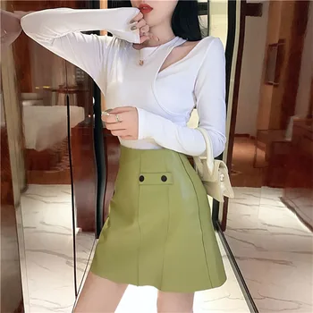 PU Kožené Mini Sukne Ženy Vysoký Pás A-Line kórejský Ceruzku Sukne Bodycorn Dizajnér Office Lady Jeseň Zima Tlačidlá 2020 X769