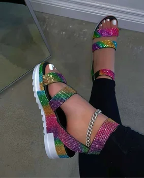 Luxusné Trend Sandále Ženy Hrubé Platformu Klinu Náklonu Drahokamu Členok Popruh Lete Mimo Pláže Típat Prst Topánky Dámske Žena