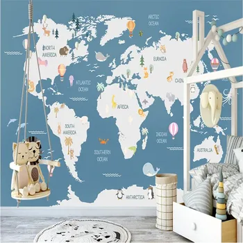 Nordic Cartoon Zvierat, Mapa Sveta na Pozadí detská Izba Dekor nástennú maľbu, Tapety 3D Moderný Minimalistický Domova Stenu Papier 3D