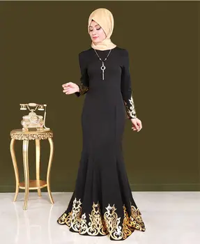 Ženy Moslimské Oblečenie Zlato Vytlačené Dlhý Rukáv Šaty Malajzia Islamskej Abaya Módne Moslimských Maxi Dlhý Šifón Šaty #D706