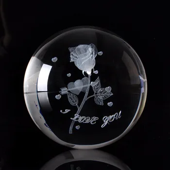 Jasné, krištáľová Guľa 3D Laserom Vygravírované Rose Sklo Dekoratívne Gule ,60/80 mm Priemer Home Office Dekorácie Valentína Darček