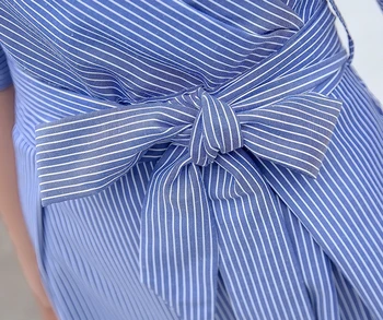 MOŽNO U Modrá Biele Pásy V Krku Krídla Luk Krátky Rukáv Midi Šaty na Zips Office Lady Elegantné Jeseň Šaty Riadok D0267
