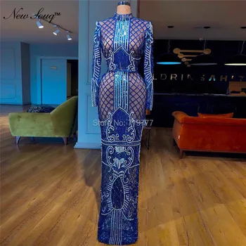 Ilúziu, Kráľovská Modrá Večerné Šaty 2019 Couture Saudskej Arabčina Africkej Ženy Party Šaty Župan De Soiree Moslimských Dubaj Abaya Šaty