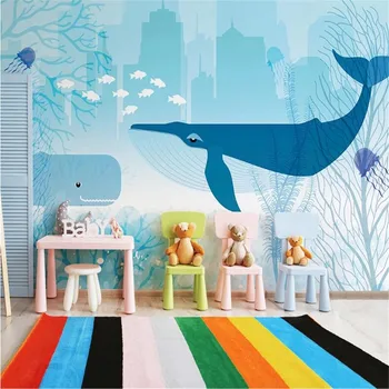 Milofi výrobcov vlastnú tapetu nástenná maľba 3d akvarel cartoon veľryba balón deti spálňa pozadí na stenu
