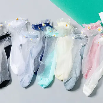 Nová Loď Focks Transparentné Členkové Ponožky Rozstrapatené Elastické Kvetinový Ponožky Čipky Crystal Kvet Hodvábnej Ponožky Dievčatá Ultra Tenké Krátke Ponožky
