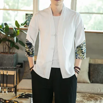 #4218 Letná Bavlnená Posteľná Bielizeň Tričko Pre Mužov Plus Veľkosť Biele, Čierne Kimono Tričko Mužov Vintage Čínsky Štýl Tri Štvrtiny Rukáv