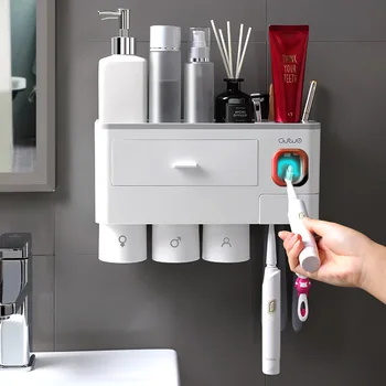 Kúpeľňa Zubnú kefku Držiak Magnetický Obrátený zubná pasta Dávkovač Wall Mount make-up Úložný Stojan kúpeľňové Doplnky Nastaviť