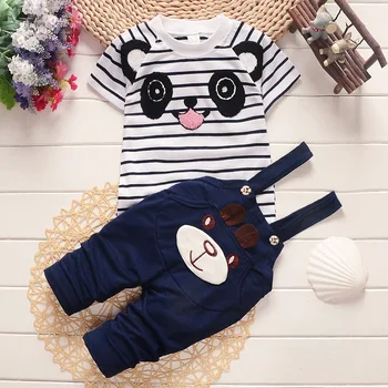 2018 roztomilý bavlna batoľa dievčatá letné oblečenie nastavené novonarodené pruhované tričká+cartoon panda trakmi, 2ks detské chlapčenské odevy sady
