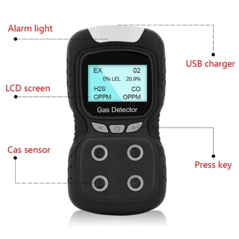 LCD 4 v 1 Jedovatý Plyn Alarm Detektor CO O2, H2S Kyslíka Monitor Gas Analyzer Meter USB Nabíjateľné Digitálny Detektor Plynu