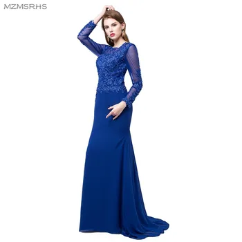 MZMSRHS Jedinečný Dizajnér Kráľovská Modrá Prom Šaty 2018 Morská víla Dlhý Rukáv Dubaj Kaftan Vysoká Krku Čipky Velvet vestido de festa