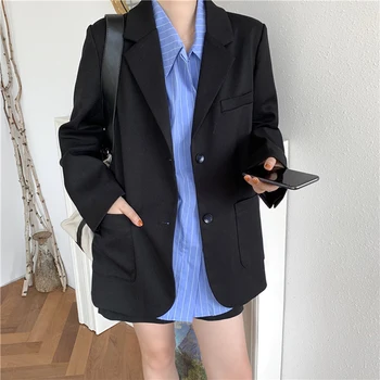 Kórea Elegantné Office Lady Sako Bundy Ženy Black Príležitostné Voľné Sako Vintage Elegantné Drážkou Vyhovovali Kabát Elegantný 3 Farby OL